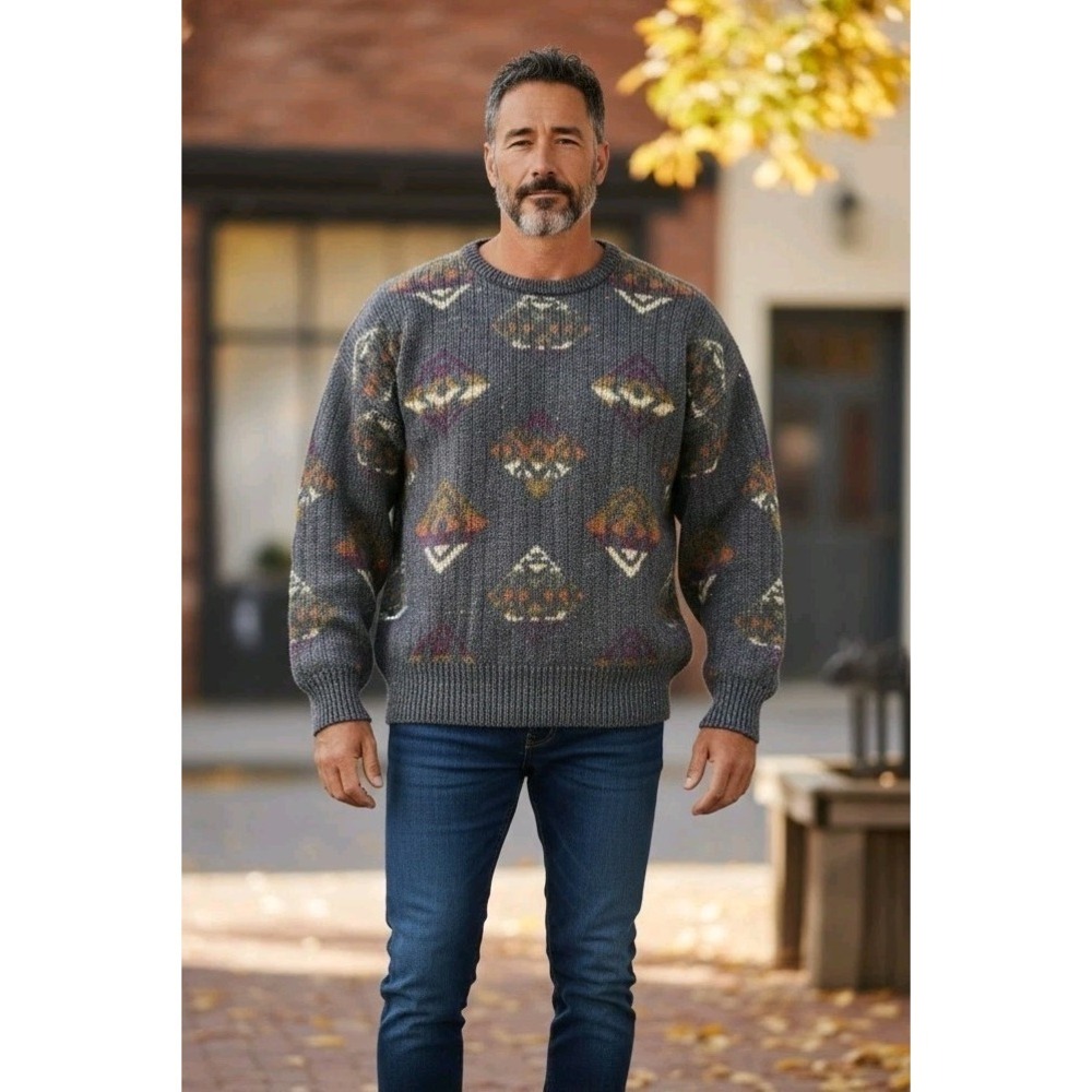 Vintage Sansabelt Sport Geometric  Crew Sweater Men's Size L Pullover Wool Blend